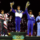 Ulla Werbrouck of Belgium, gold, Yoko tanabe of Japan, silver, Ylenia Scapin of Italy and Diadenis luna of Cuba, bronze for the 72kg Women’’s Half-Heavyweight Judo event at the 1996 Centennial Olympic Games. Photo via Getty Images.